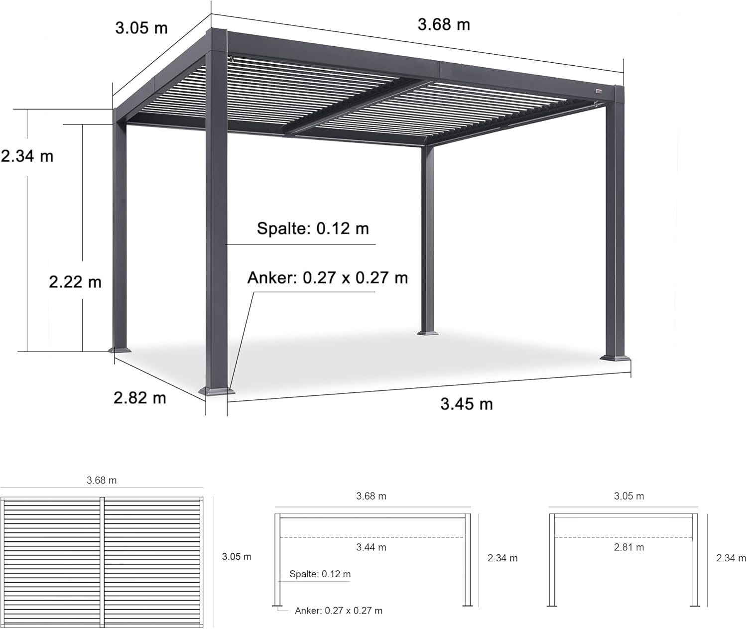 PURPLE LEAF Pergola 3 x 3.65 m mit Lamellendach Wasserdicht Stabil Winterfest Terrassenüberdachung Freistehend Lamellenpergola Verstellbaren Alu-Lamellen mit LED-Lichtleiste für Garten, Grau