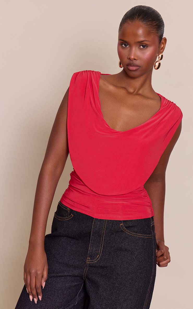Rouge Haut À Col Bénitier Drapé Double Couche En Tissu Fluide