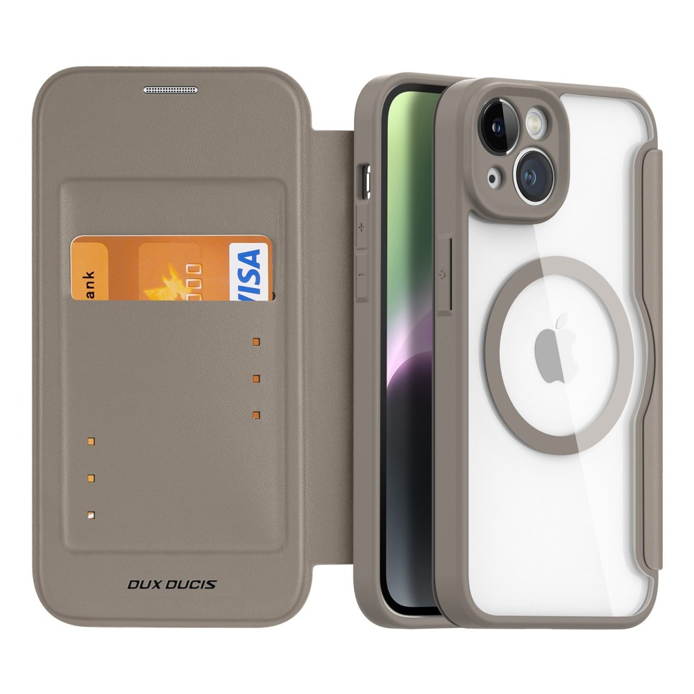 iPhone 14 MagSafe Hybrid Leder Tasche   Kunststoff Rückseite - Khaki / Transparent