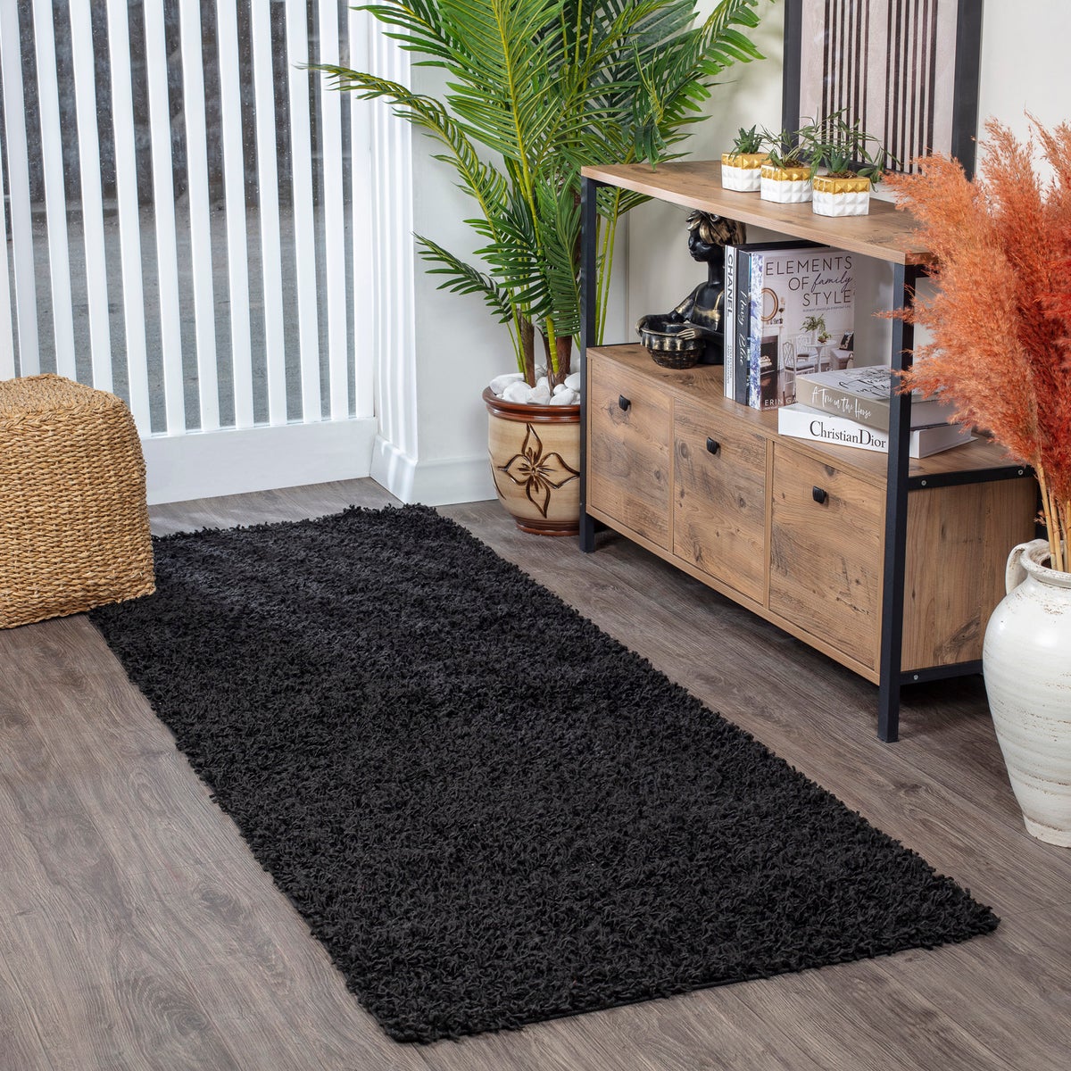 Modern hoogpolig shaggy vloerkleed voor in de hal, zwart, 80x220 cm, LILLY