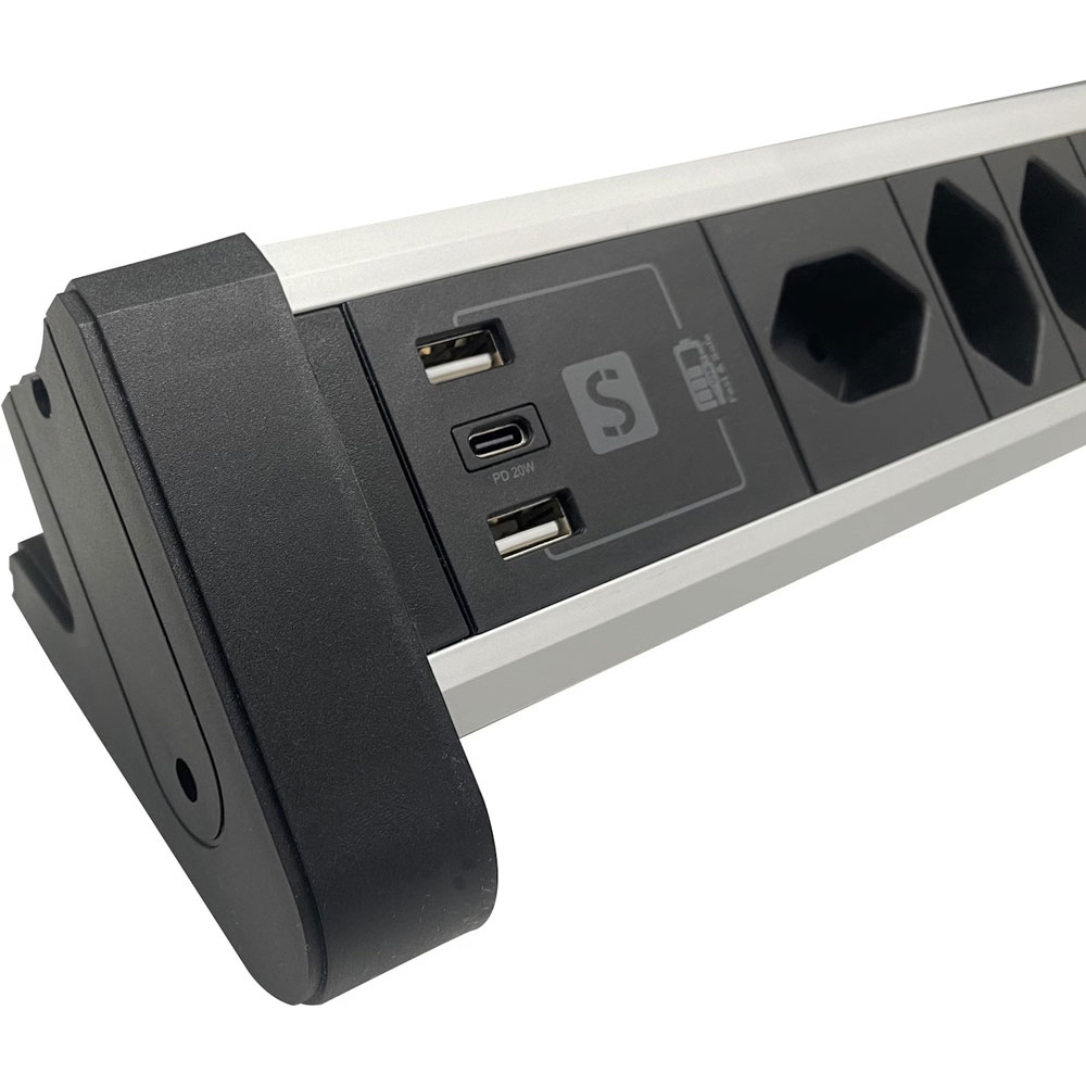 (2m) Schönenberger Elektro - Alu Tisch-Steckdosenleiste mit 4 Steckdosen und 2 x USB A   USB C (85.860.4AL) - Schwarz / Silber