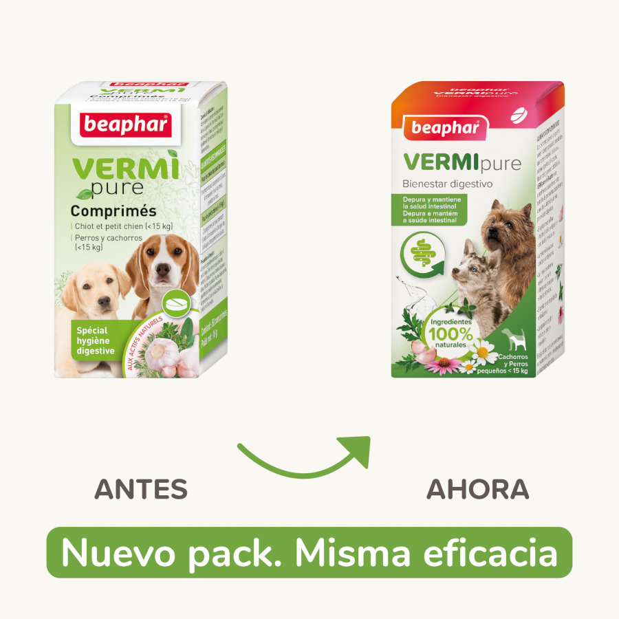 Comprimidos repelentes internos naturais Beaphar VERMIpure para cães de pequeno porte e filhotes.