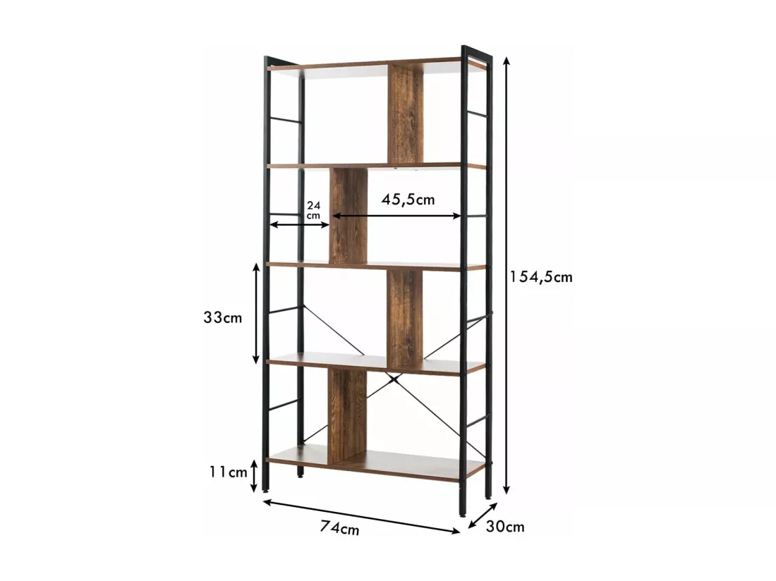 Bibliothèque Étagère à 5 Niveaux, Meuble de Rangement sur Pieds, Montage Facile, Style Industriel, Idéal pour Salon, Bureau, Chambre, 74 x 30 x 155 cm