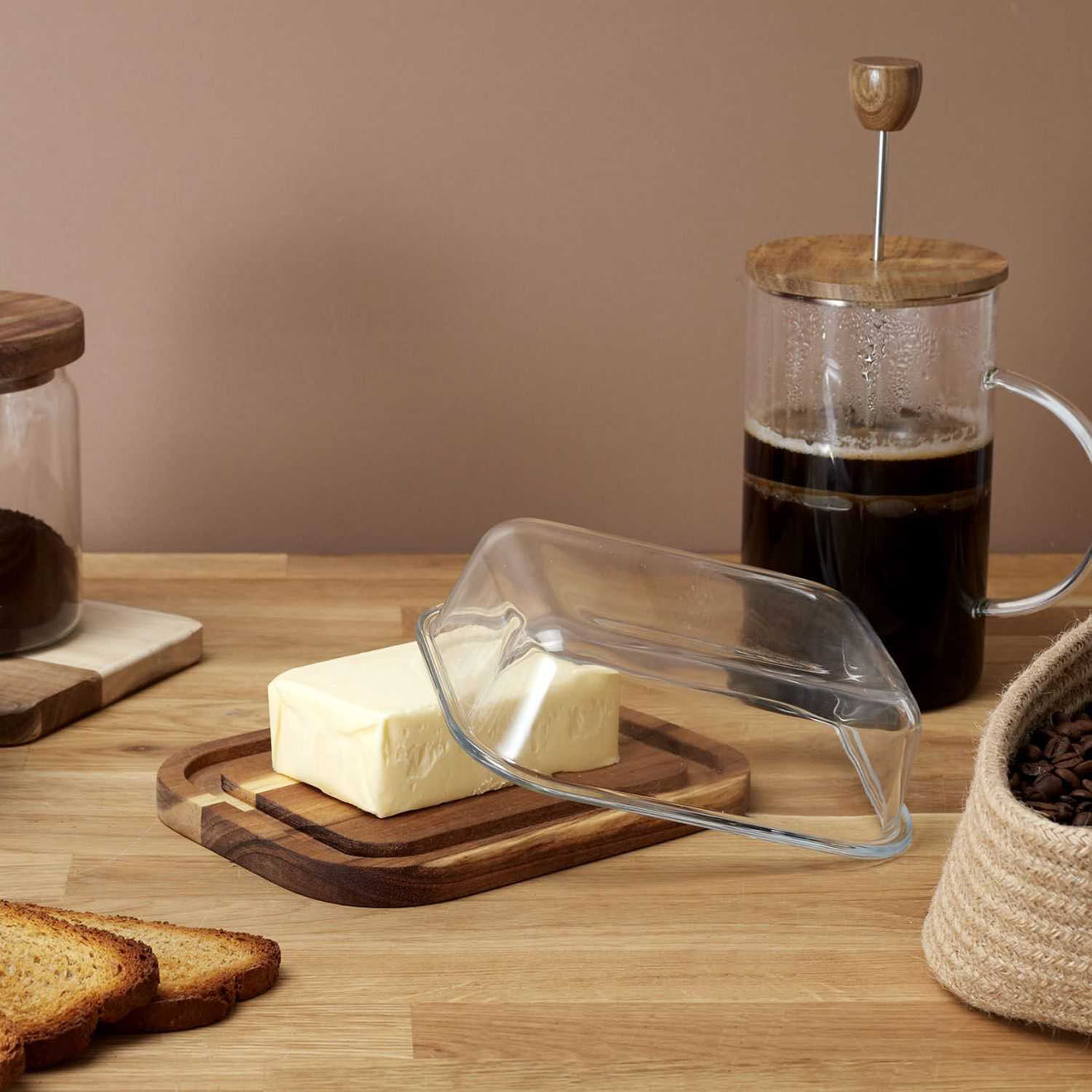 Home Deco Factory Beurrier en verre et acacia natural