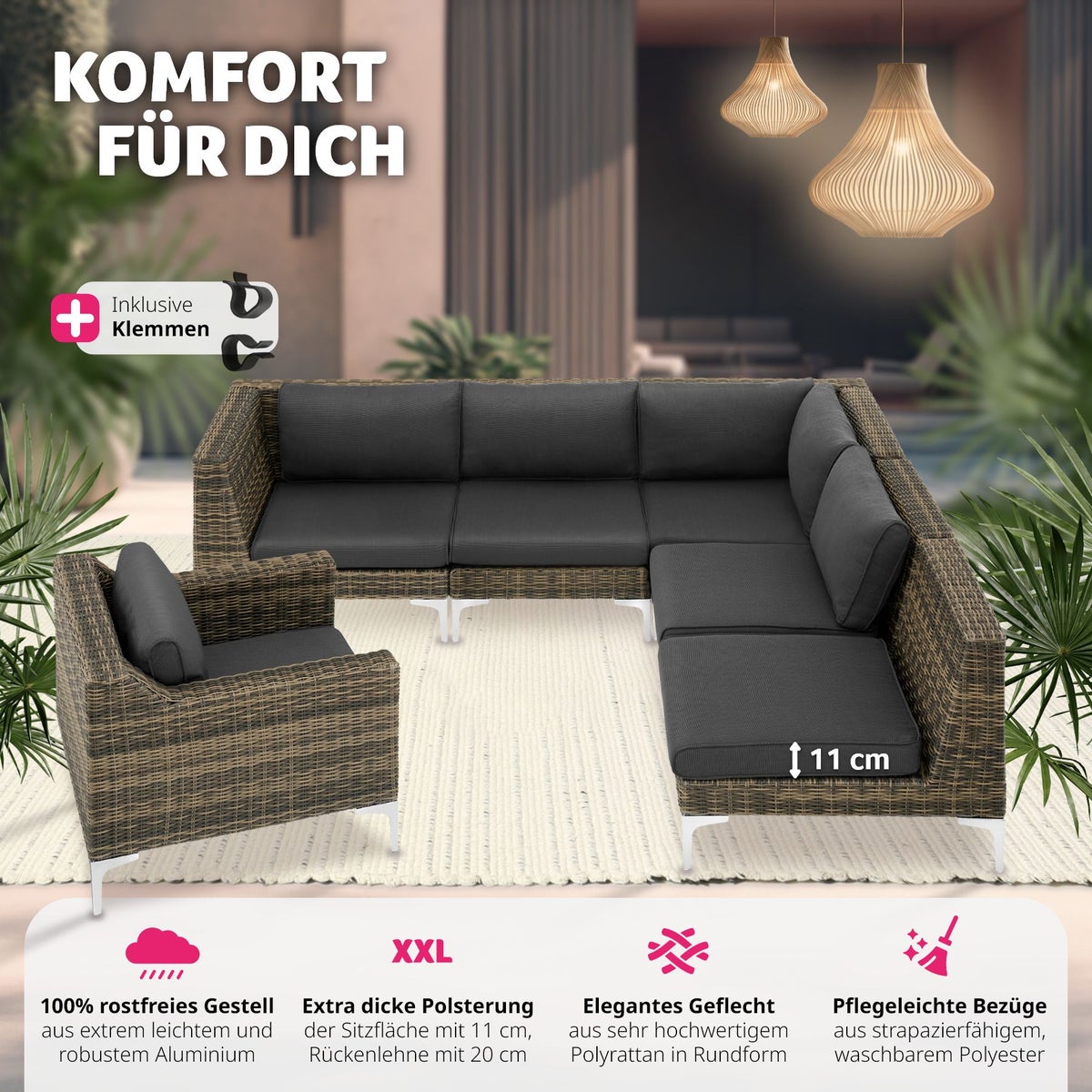Modulaire rotan set tectake Villanova fauteuil met aluminium frame 85 x 89 x 72 cm