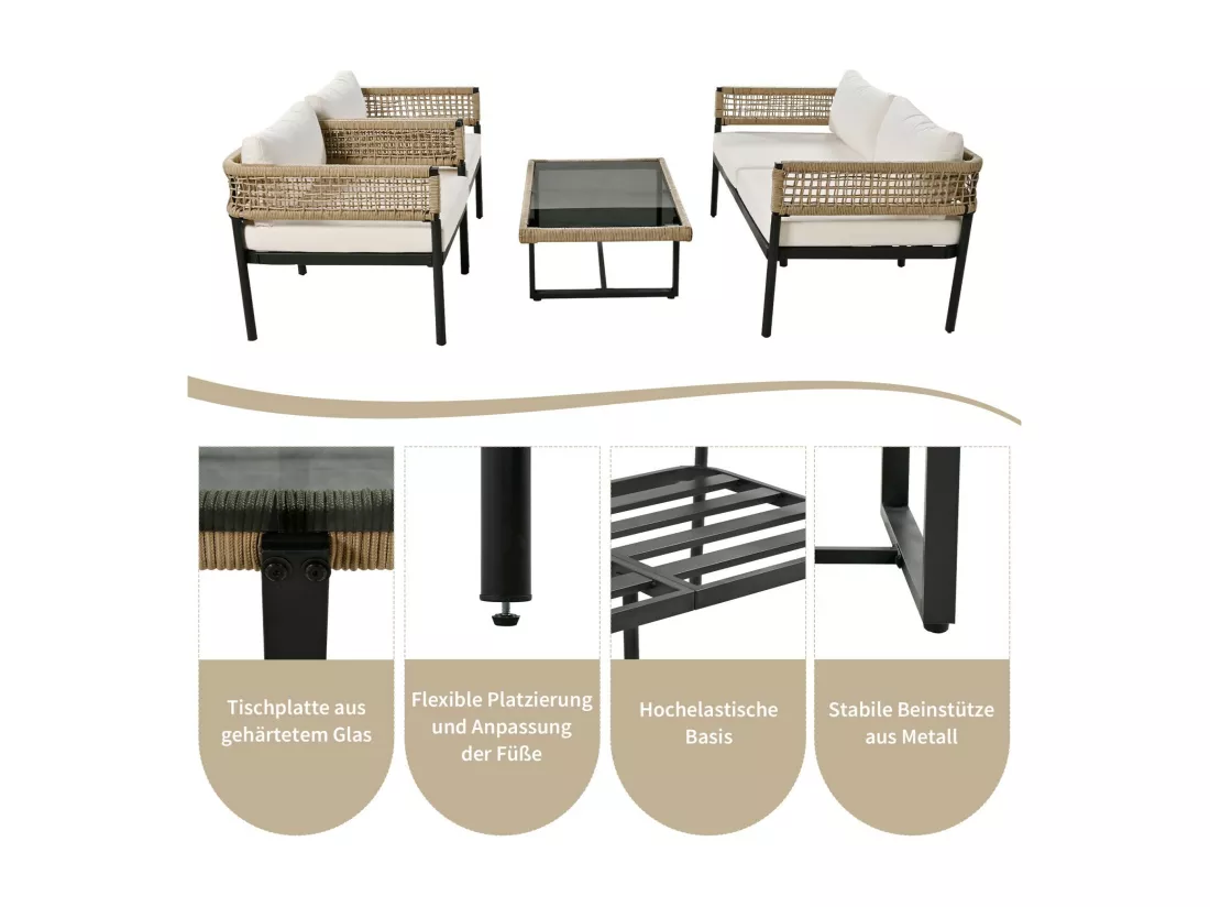 Salon de jardin en fer galvanisé: canapé 2 places + 2 fauteuils + table basse en verre, coussins beige, pieds réglables