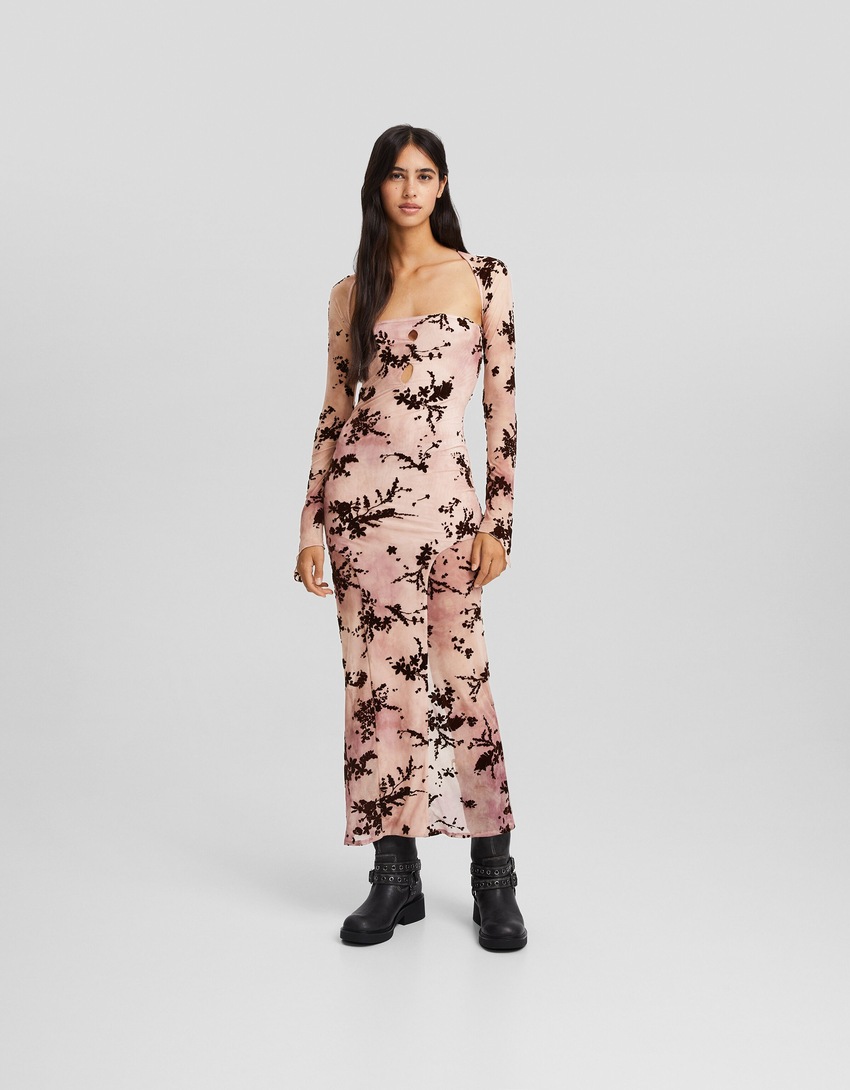 Vestido midi de tule com estampa floral