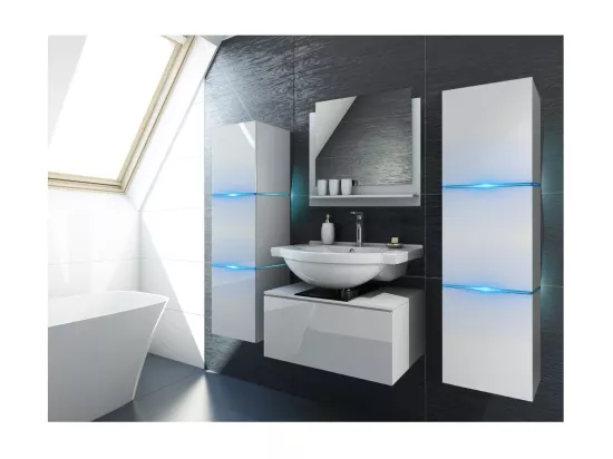 Meuble sous vasque suspendu collection OWL, blanc mat et brillant, plaque en verre noir, idéal pour salle de bain
