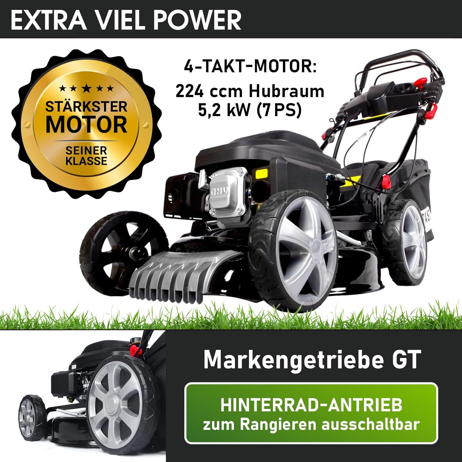 BRAST Benzin Rasenmäher mit Antrieb | 5,2kW(7PS) | Elektrostart | 48cm Schnittbreite | viele Modelle | TÜV | 4 Takt OHV Motor | 30-80mm Schnitthöhe | 60L Fangkorb | Stahlgehäuse | 19224 ESTART