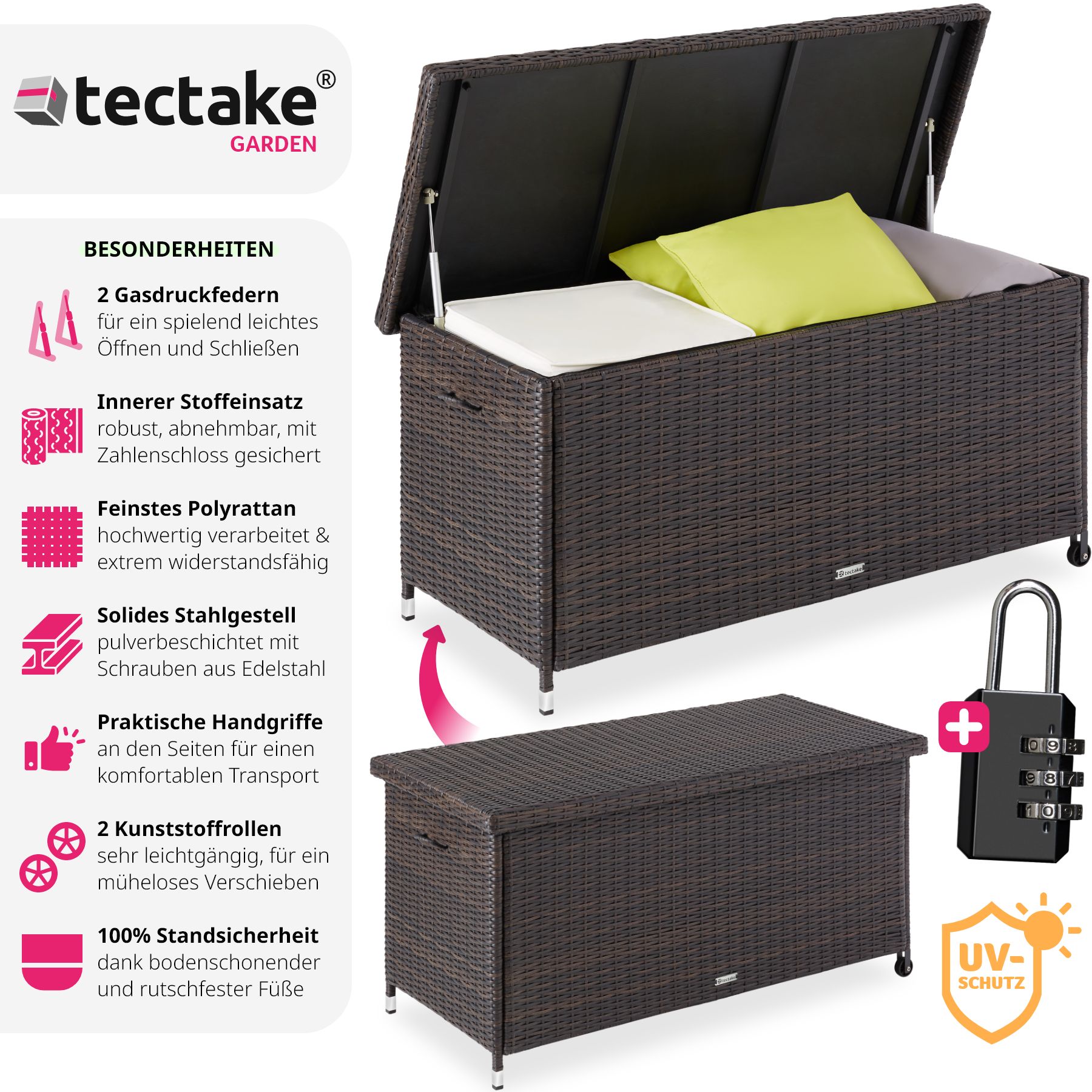 tectake® Auflagenbox, mit Rattangeflecht, komfortable Hubautomatik, 121 x 56 x 60 cm