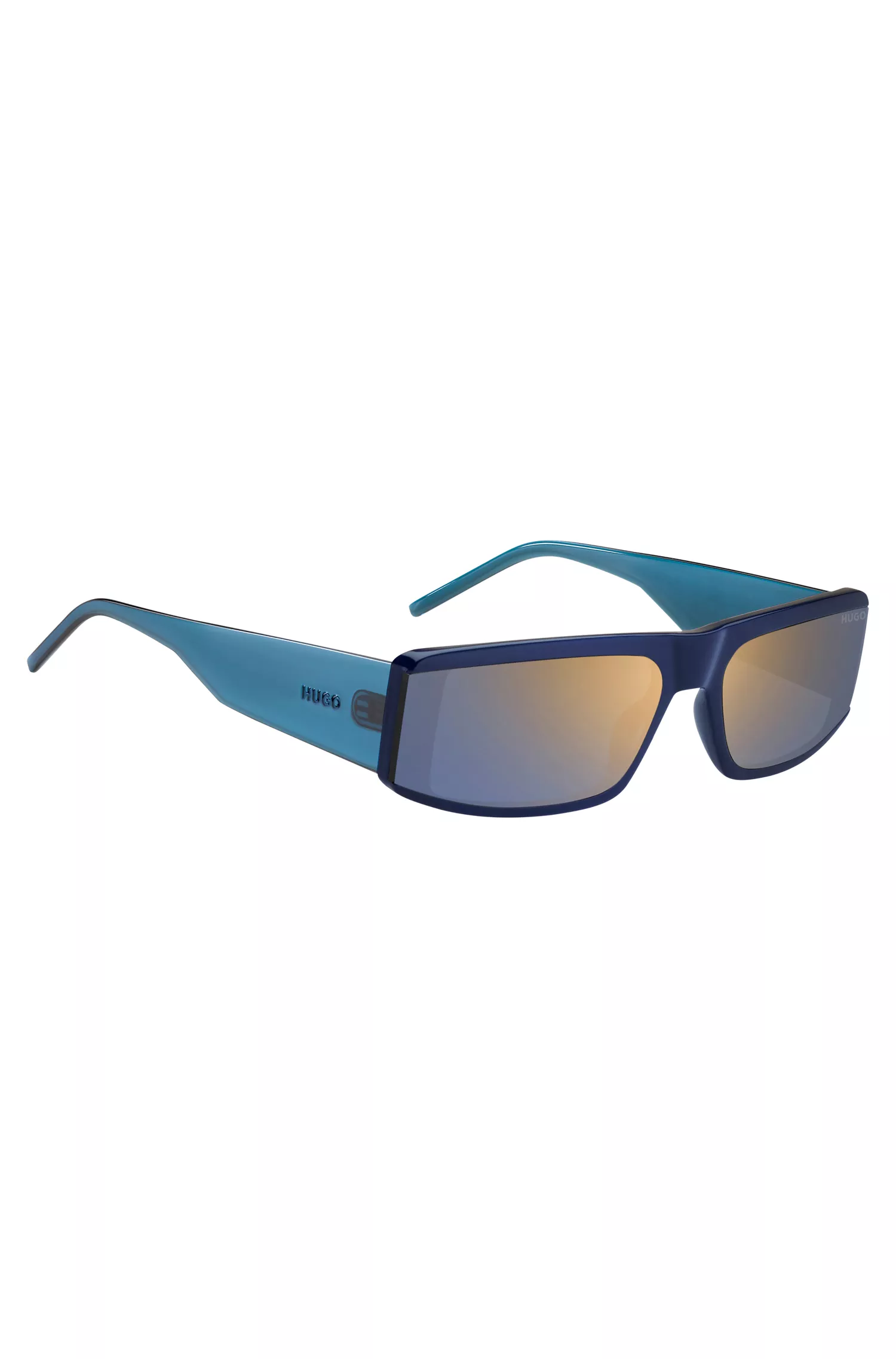 Óculos de sol HUGO estilo máscara em acetato vermelho e azul com logotipo na haste.
