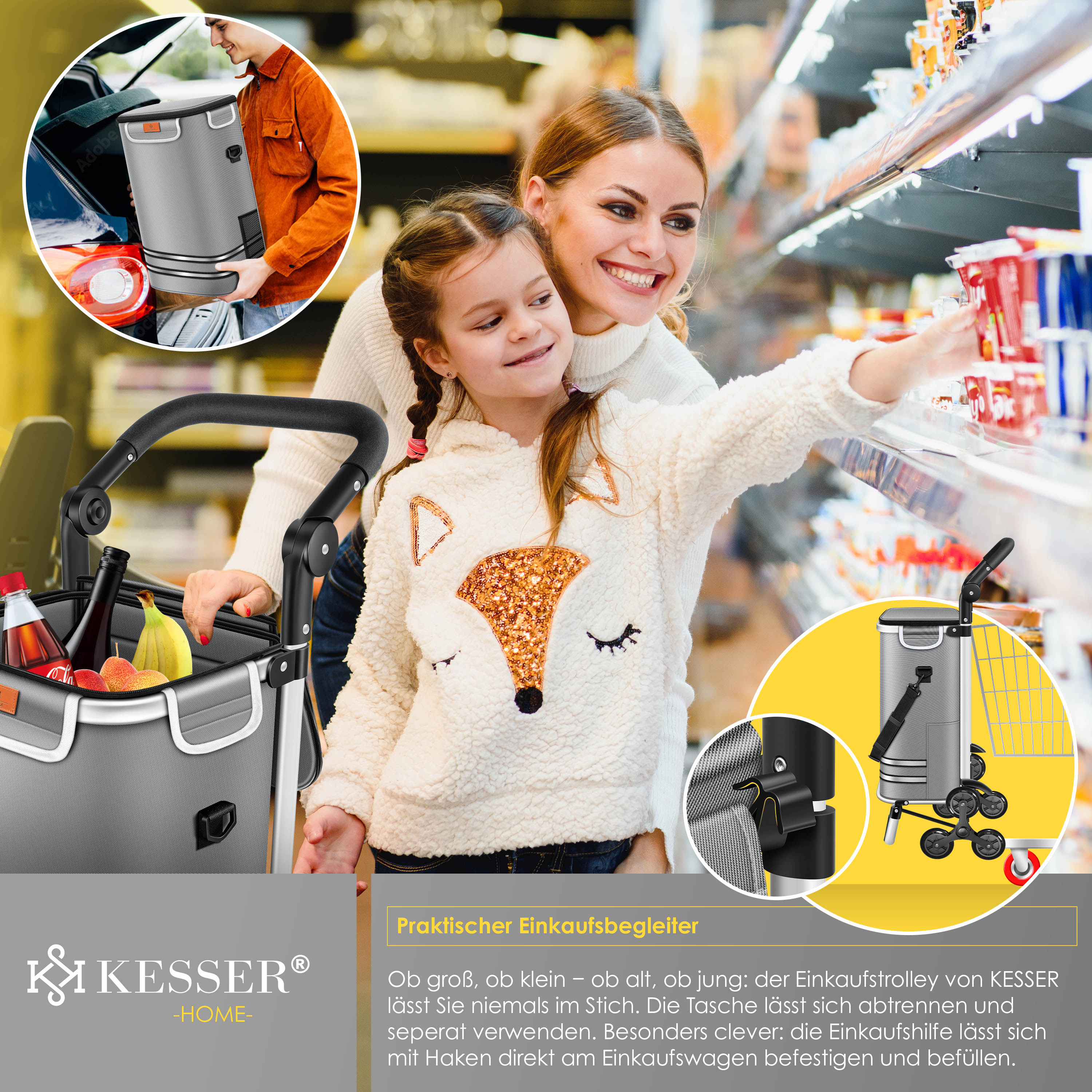 KESSER® Einkaufstrolley Treppensteiger mit Kühlfach klappbar mit 56L Kapazität und belastbar bis 50kg | 3in1 Trolley Sackkarre & Umhängetasche | Faltbarer Einkaufswagen inkl. Einkaufschip
