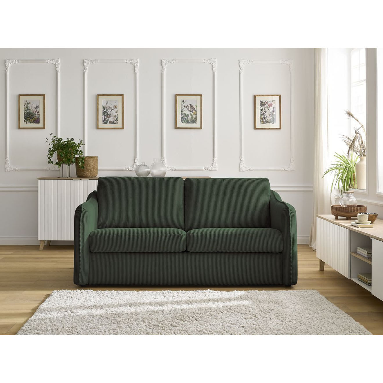Bobochic Canapé droit convertible express en Velours côtelé 3 places Lenny vert - 178x102x89 cm