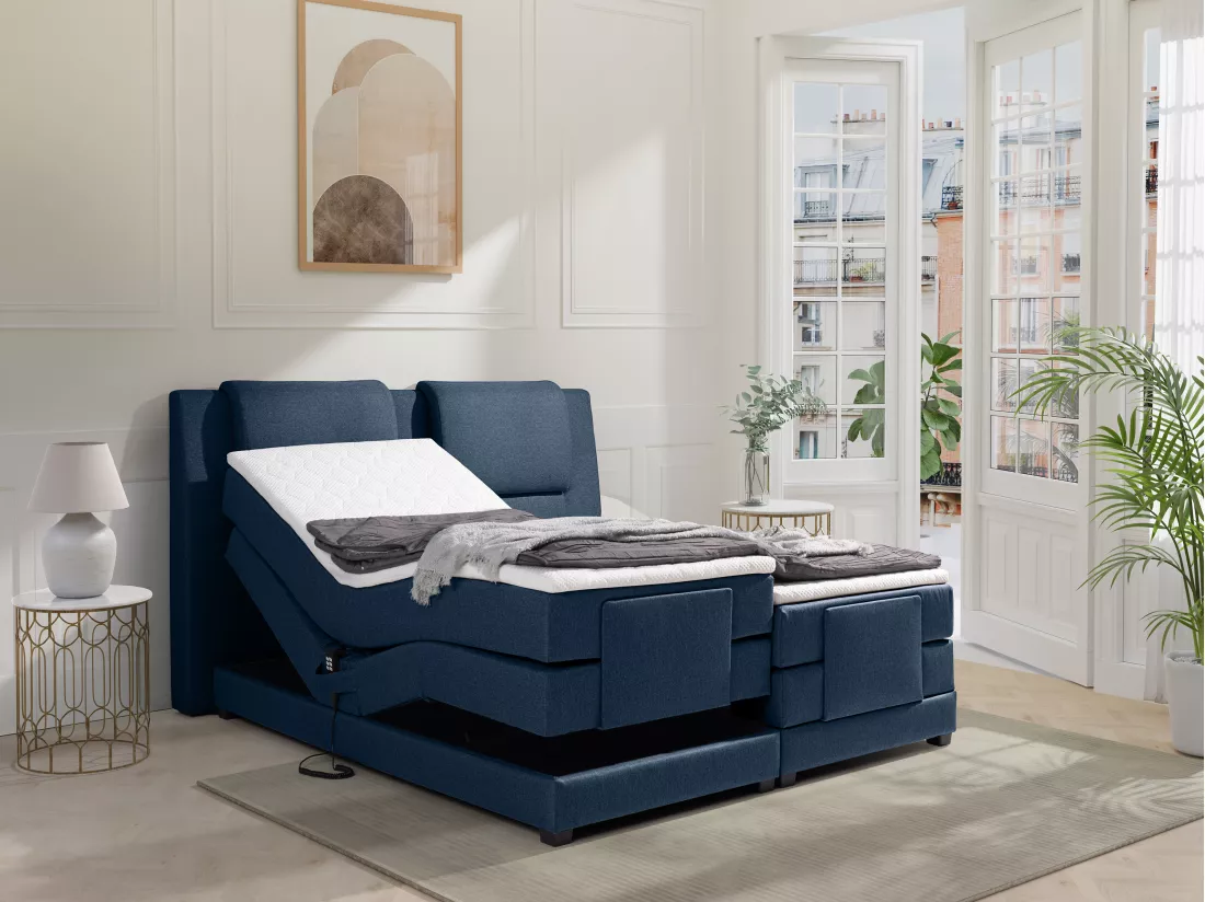 Ensemble complet boxspring tête de lit + sommiers relaxation électrique + matelas + surmatelas - 2 x 80 x 200 cm - Tissu - Bleu - CASTEL II de PALACIO