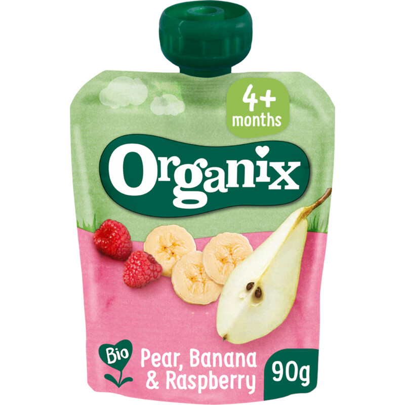 Organix Knijpfruit peer, banaan & framboos 4m+