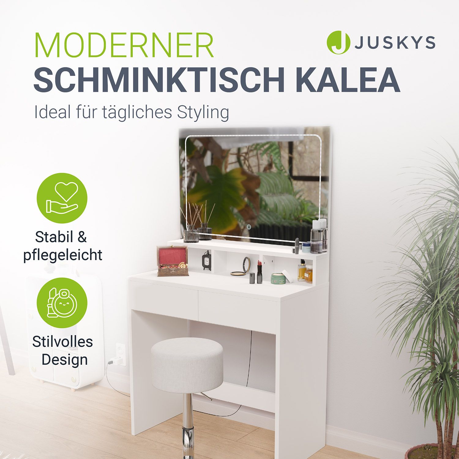 Juskys Schminktisch Kalea mit Beleuchtung, Spiegel & Schubladen - kleiner Make Up Tisch - Holz Weiß