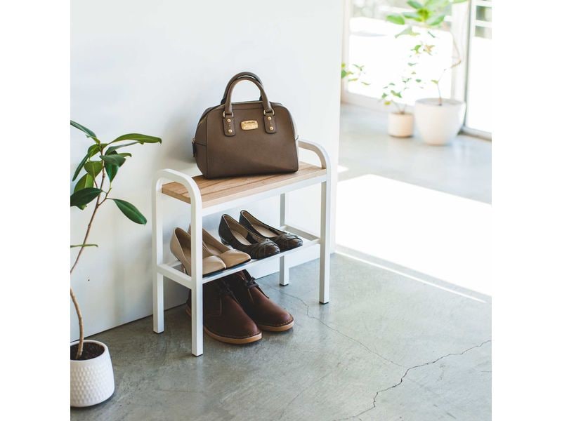 Yamazaki Schuhregal Tower 48 x 46 cm, Weiss Schuhorganizer mit Holzablage