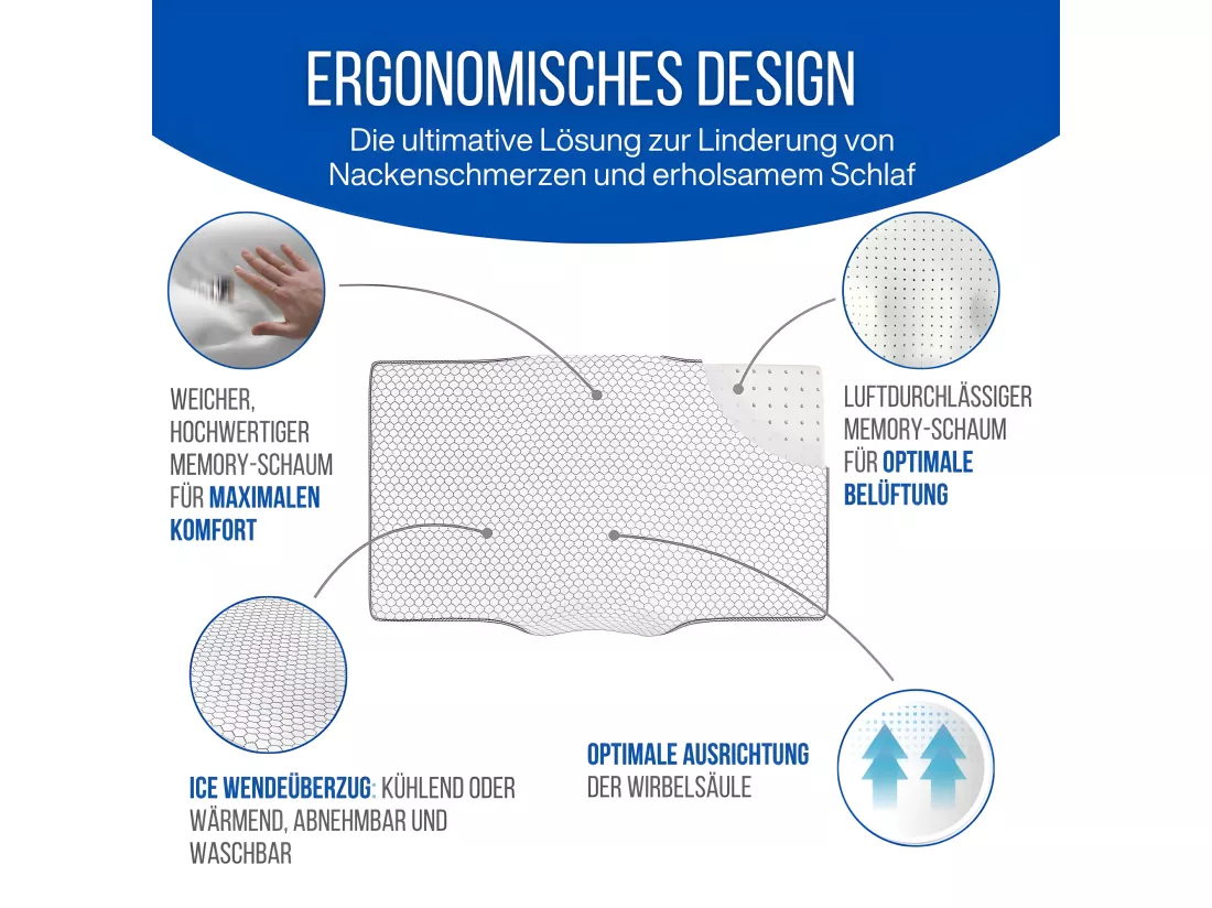 Oreiller Ergonomique Anti-Rides avec Taie d'Oreiller en Soie - Extra Grande - 65x42x10 - ERGO