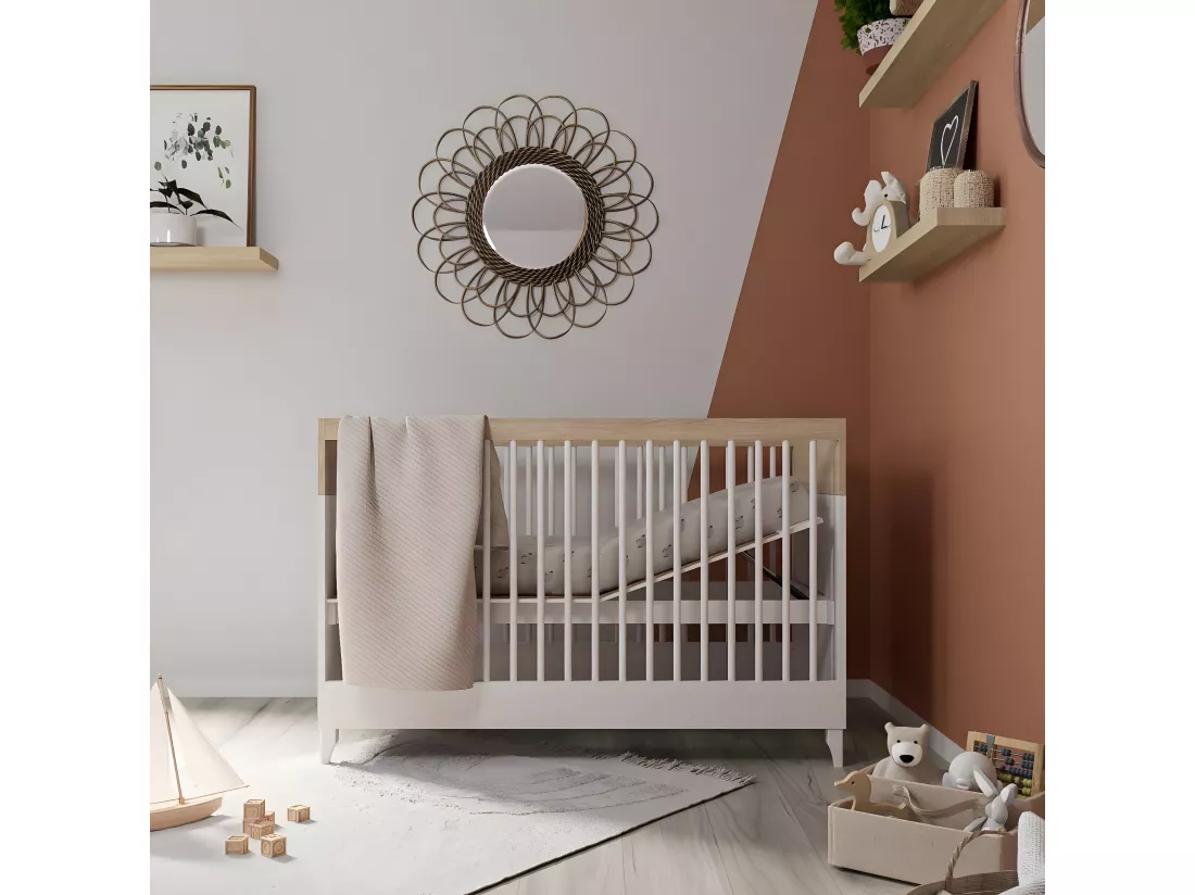 Lit bébé 70x130 cm panneaux de fibres blanc et bois DIXIE