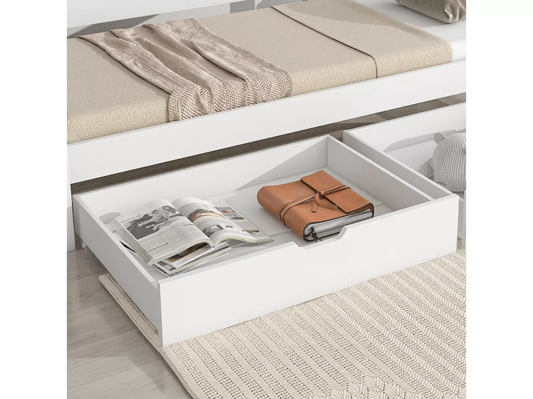Lit gigogne avec 2 tiroirs - 200x90cm & 190x90cm - bois massif - blanc