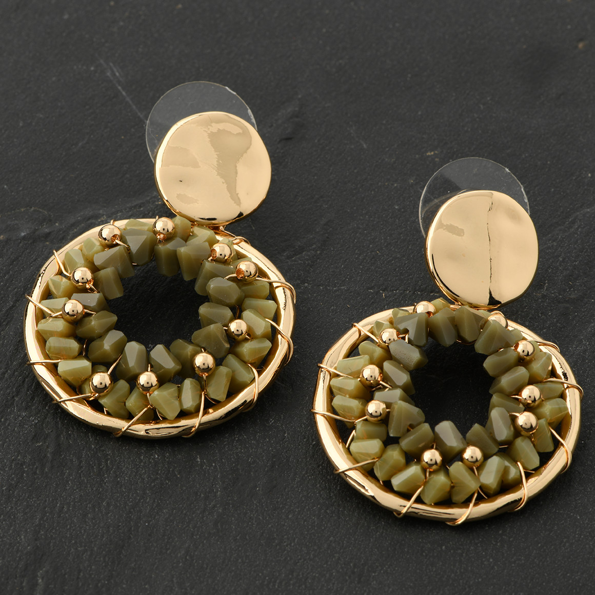 Gina Damen Ohrhänger in runder Form gold / oliv
