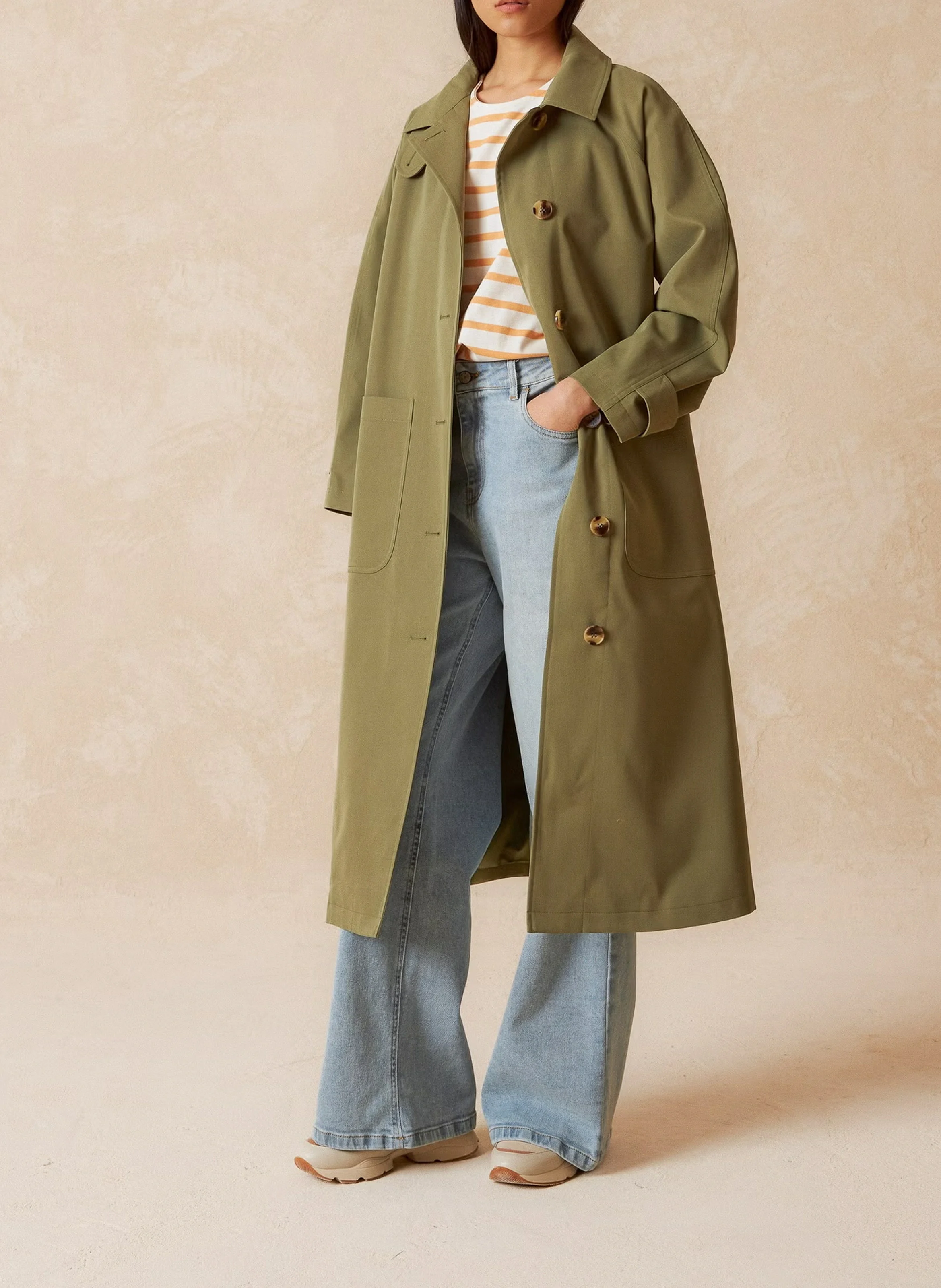 Trench long col montant| Vert