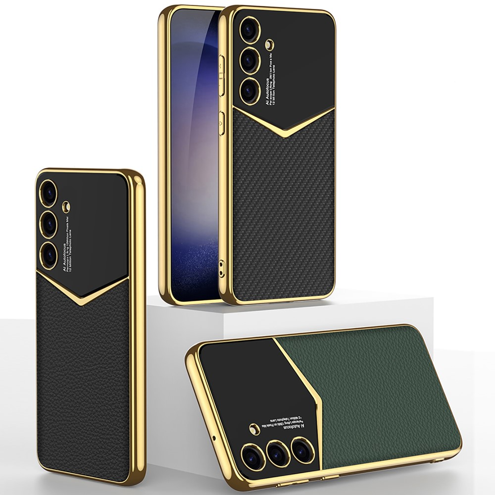 Samsung Galaxy S24 Leder Hardcase Hülle mit Galvanisiertem Rahmen   Kameraschutz - Gold / Lila