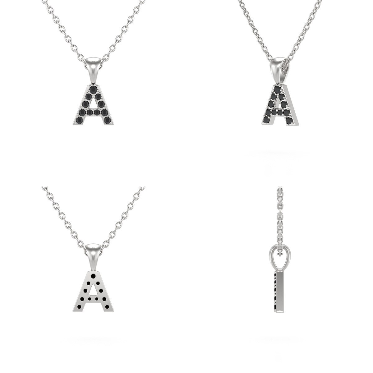 Collier Pendentif ADEN Lettre A Or 750 Blanc Diamant Noir Chaine Or 750 incluse 0.72grs