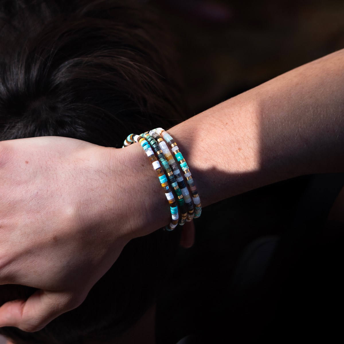 Bracelet Perles Heishi 4mm Jaspe Blanche Aventurine Jaune Et Agate Noire-Large-20cm