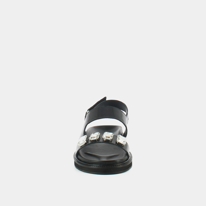 Sandales ouvertes et strass  en cuir glacé noir