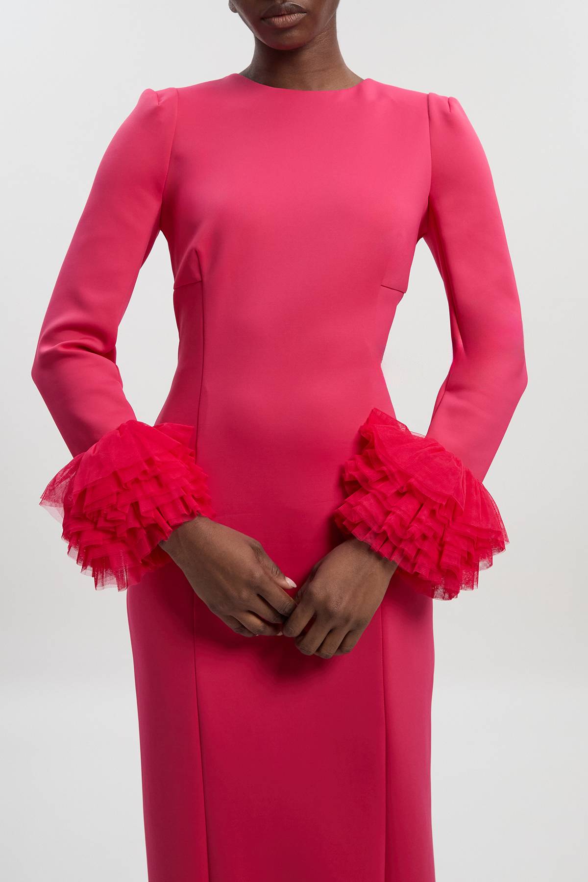 KarenMillen Robe Midi Tissée en Scuba avec Détail de Tulle aux Poignets