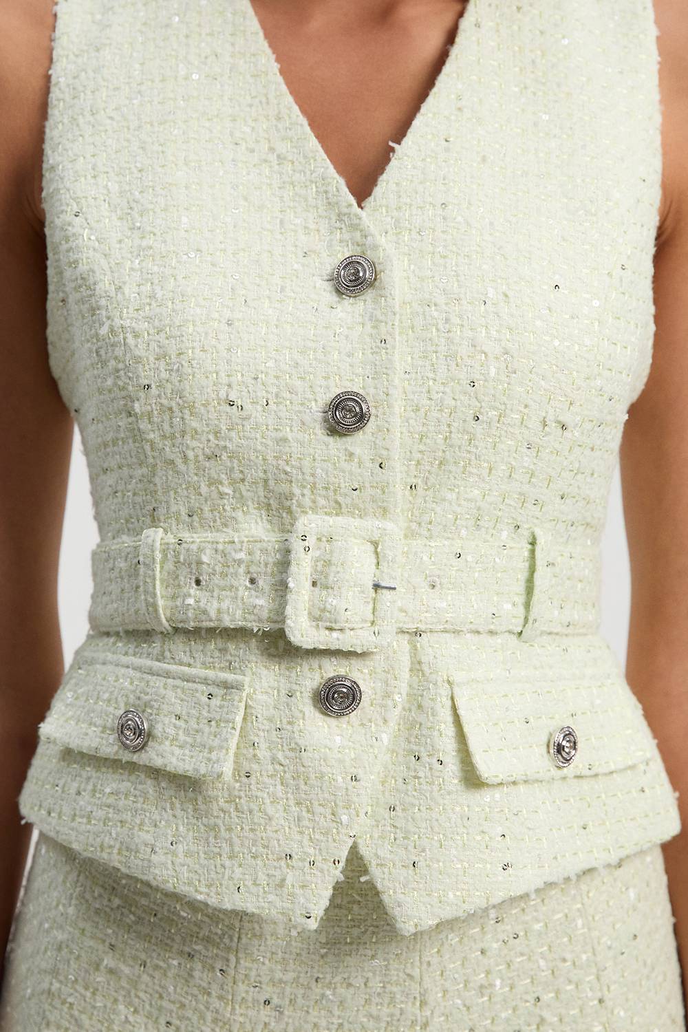 KarenMillen Robe Midi Évasée Sans Manches en Mélange Satin et Bouclé Ajustée