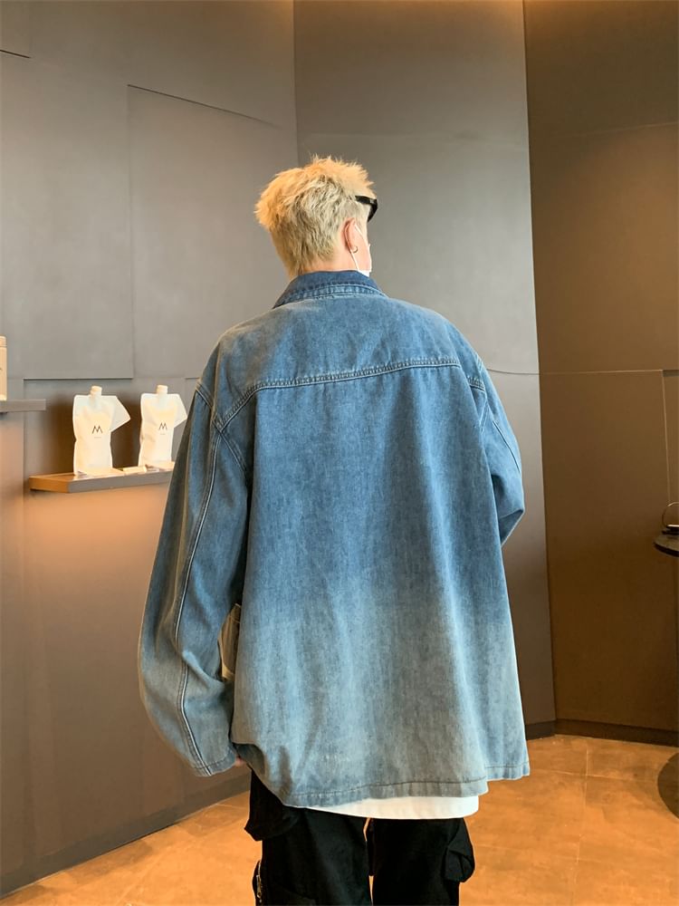 Plummie - Gewassen denim jack met kraag en kikkersluiting