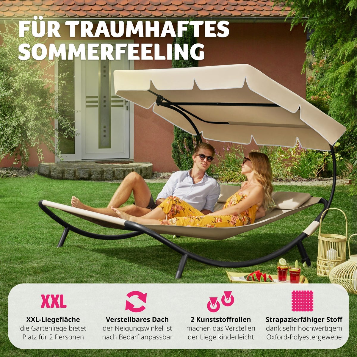 tectake Livorno tuinligstoel voor 2 personen, 215 x 183 x 150 cm