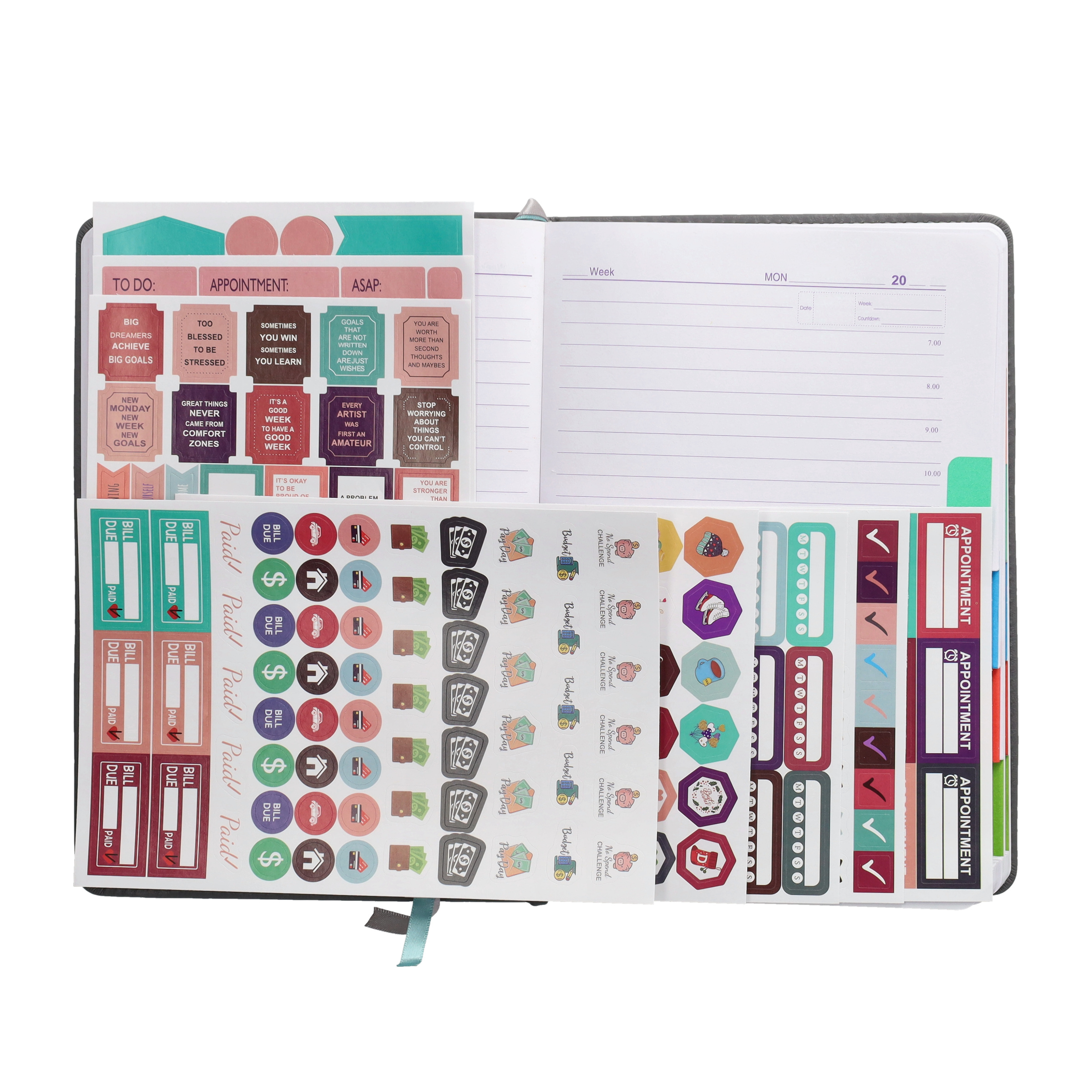 (1T/1S) 21x14cm Hard Cover Tages- und Stundenplaner Schüleragenda Zeitplanungssystem Wochenkalender 2025-2026 inkl. Sticker / Kartenhalter - Violett