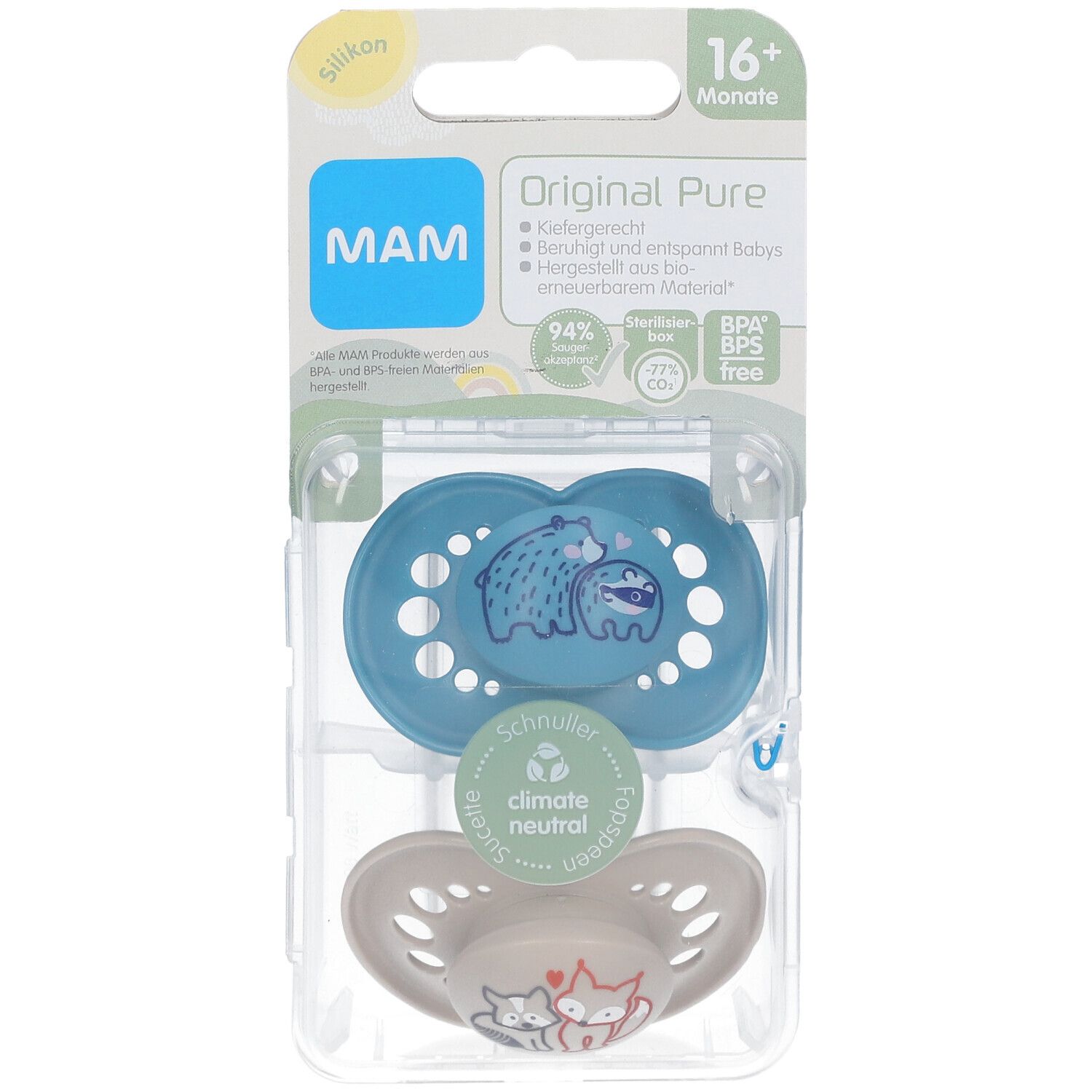 MAM Original Pure Silikonschnuller 16+ Monate, Bär/ Fuchs