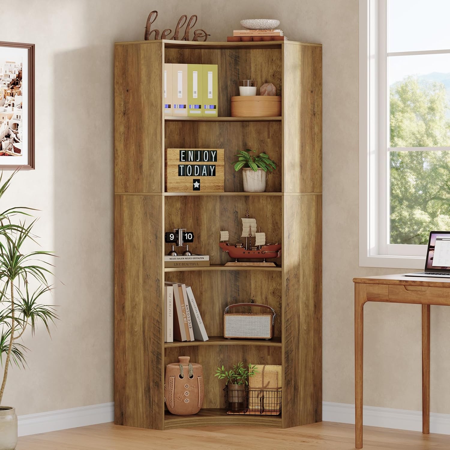 Tribesigns 6-Etagen Eckregal, 180 cm Hohes Bücherregal mit Abgerundeten Ecken, Landhausstil Sideboard für Wohnzimmer, Schlafzimmer, Küche oder Homeoffice (Rustikales Braun)