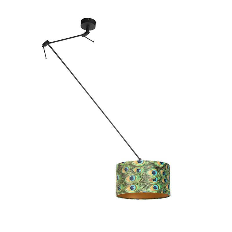 Hanglamp zwart met velours kap pauw met goud 35 cm - Blitz