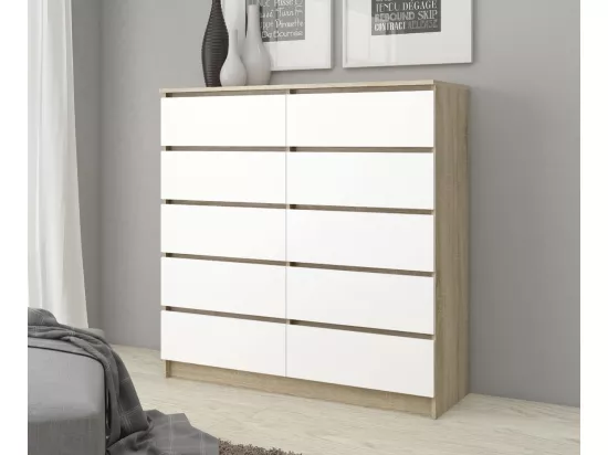 Commode AKORD K120 Chêne Sonoma 120 cm 10 tiroirs façade Blanche 120x40x121 cm