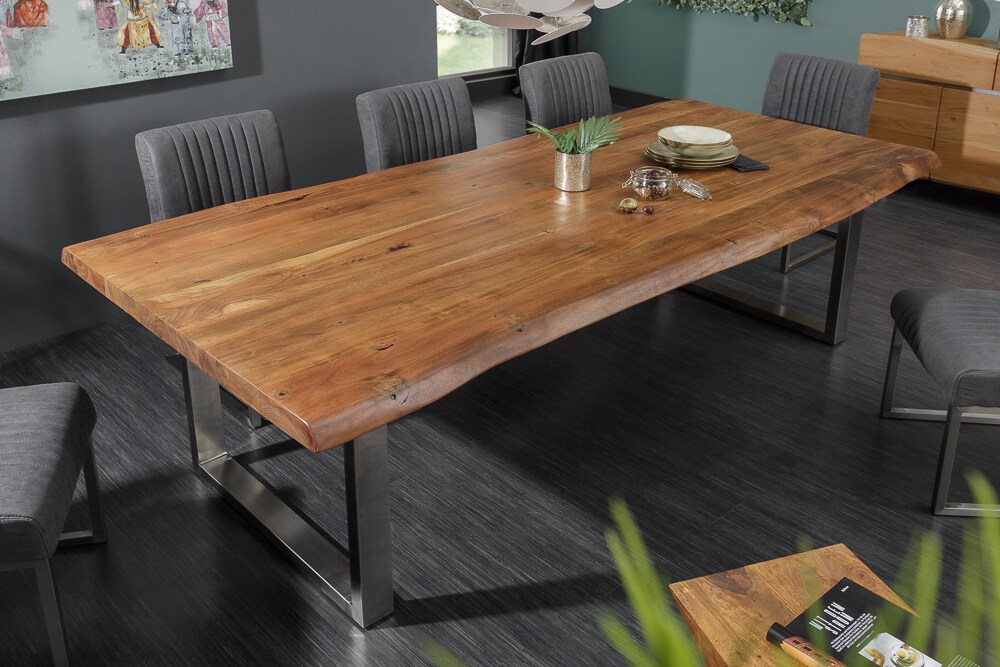 riess-ambiente Esstisch MAMMUT NATURE - 240cm Akazie Baumkante 6cm Tischplatte Edelstahlbeine Massivholz