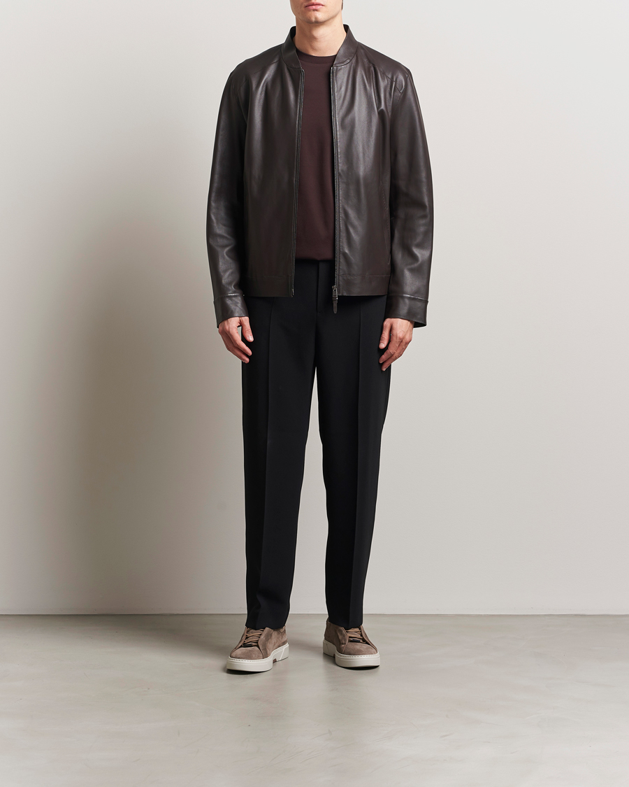 BOSS CAMEL Maiverse Leather Jacket Dark Brown