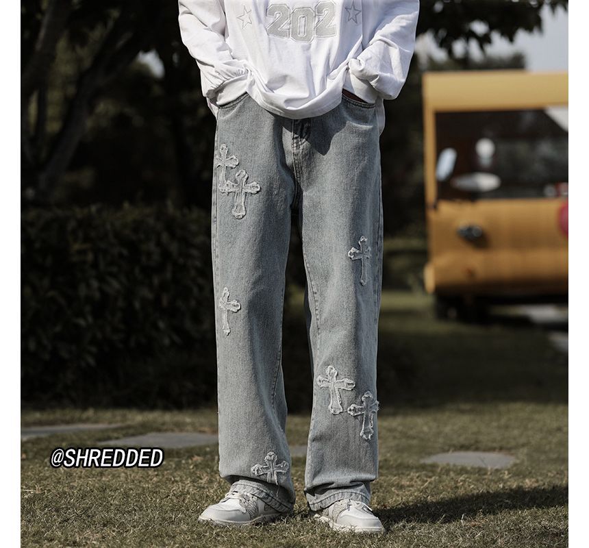 DuckleBeam - Mid Rise Cross Applique Washed Straight Leg Jeans