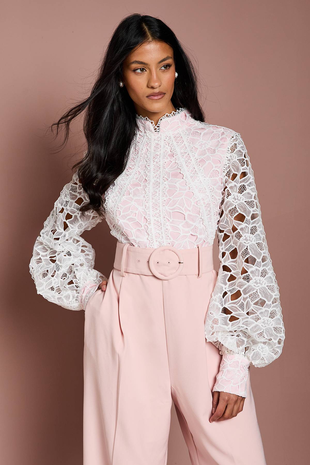 Coast Combinaison Longue Manches Longues en Organza Dentelle avec Ceinture Petite