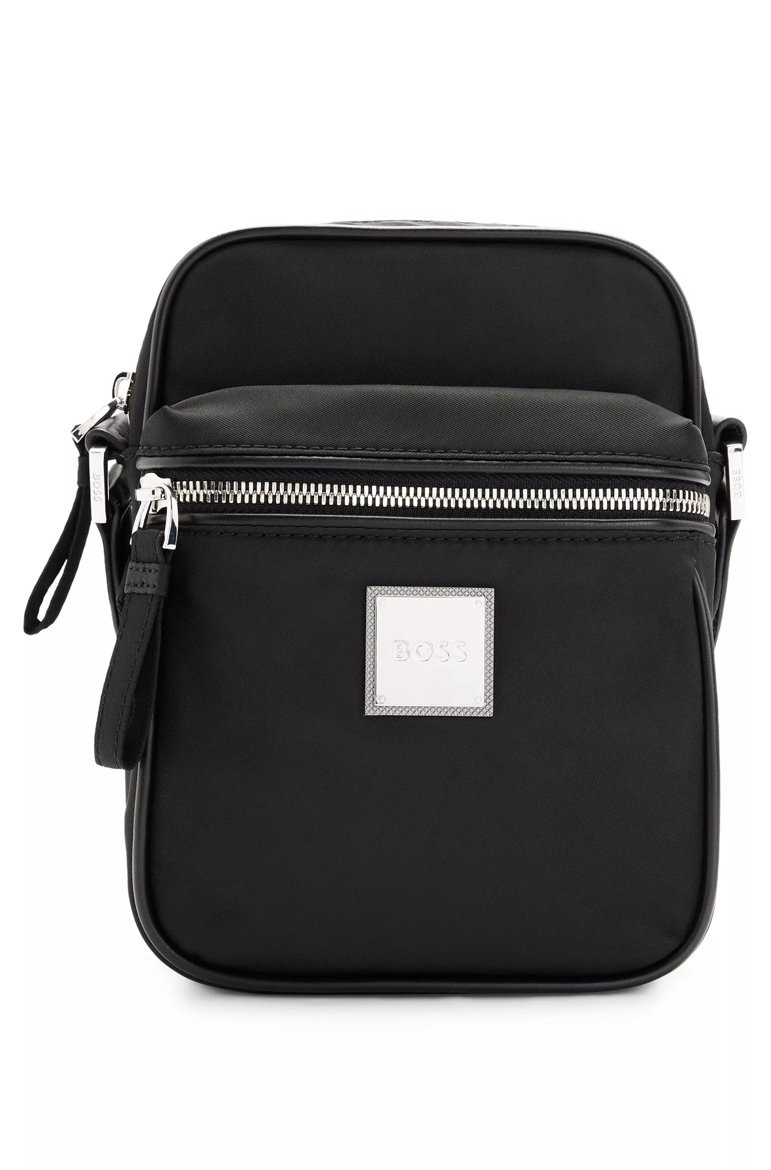 Bolsa BOSS Black-Reporter em tecido reciclado com placa metálica com o logotipo.