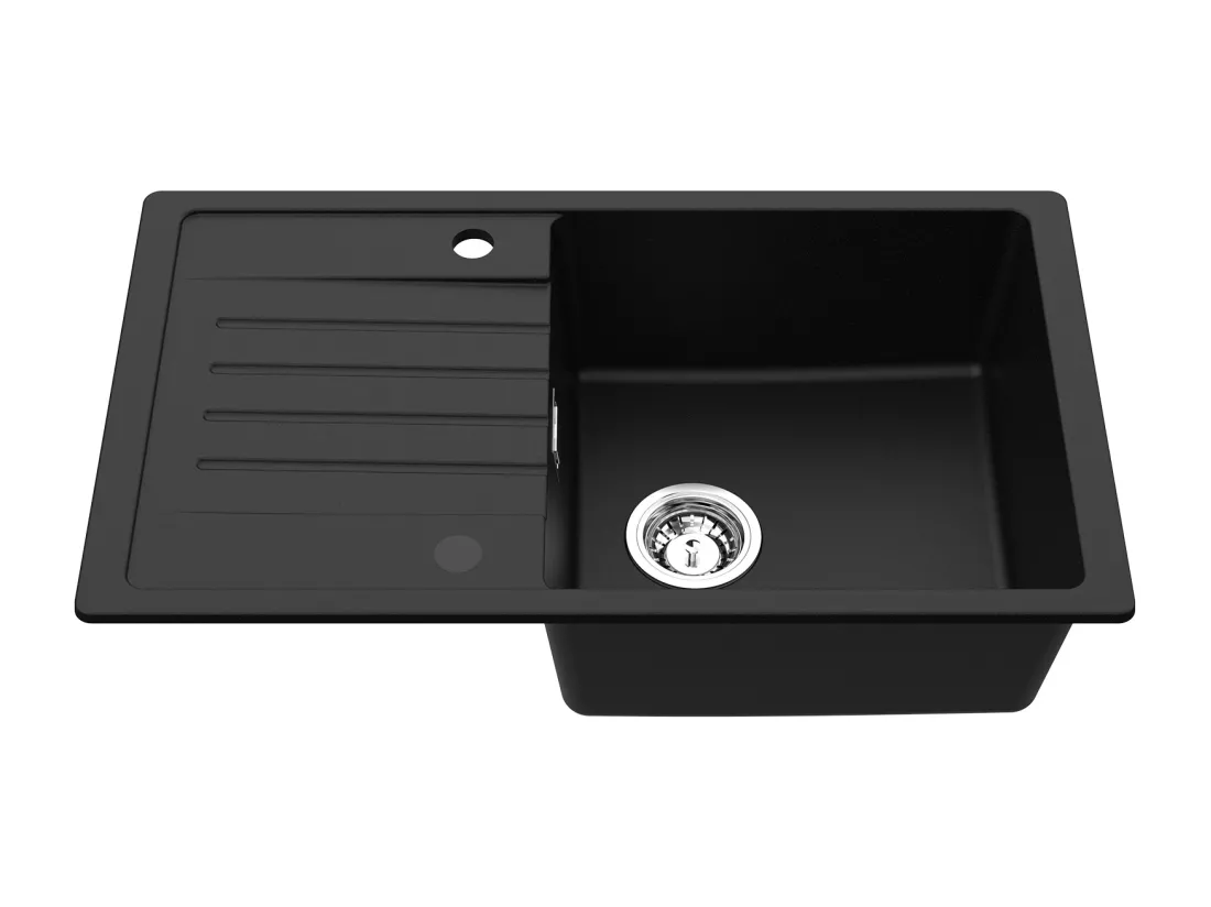 Evier 1 Bac en Quartz et Résine - Noir Evier avec Egouttoir 78x45cm + Robinet de Cuisine à eau Froide,Noir
