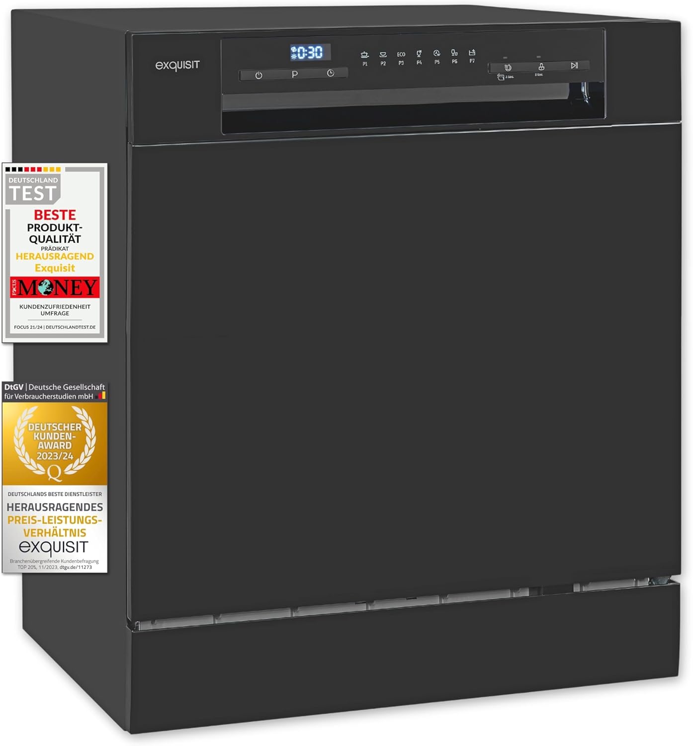 Exquisit Tischgeschirrspüler GSP508-030D schwarz | Spülmaschine 55 cm freistehend | Kleiner Geschirrspüler 8 Maßgedecke | Tischspülmaschine LED Display