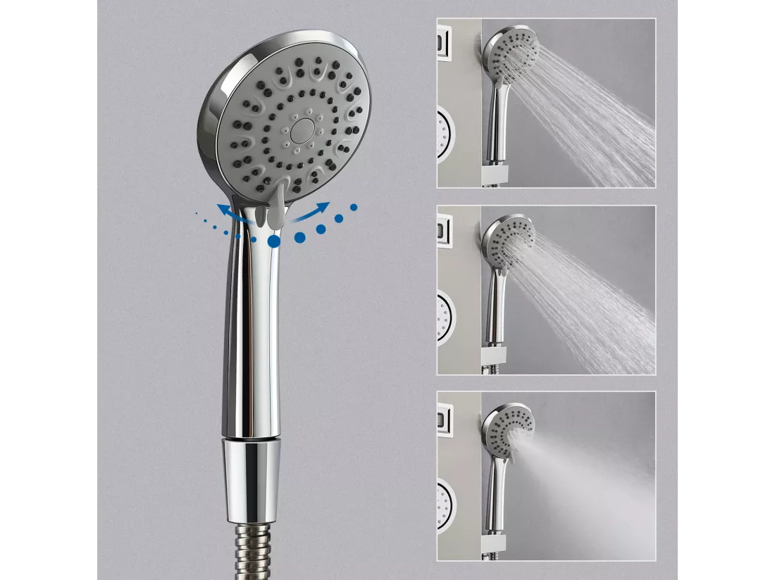 Panneau Douche LED LCD Indicateur de température,en Inox Brossé avec 3 Jets de Massage+Porte Serviette Salle Bain Adhésif/Perçage,Brossé