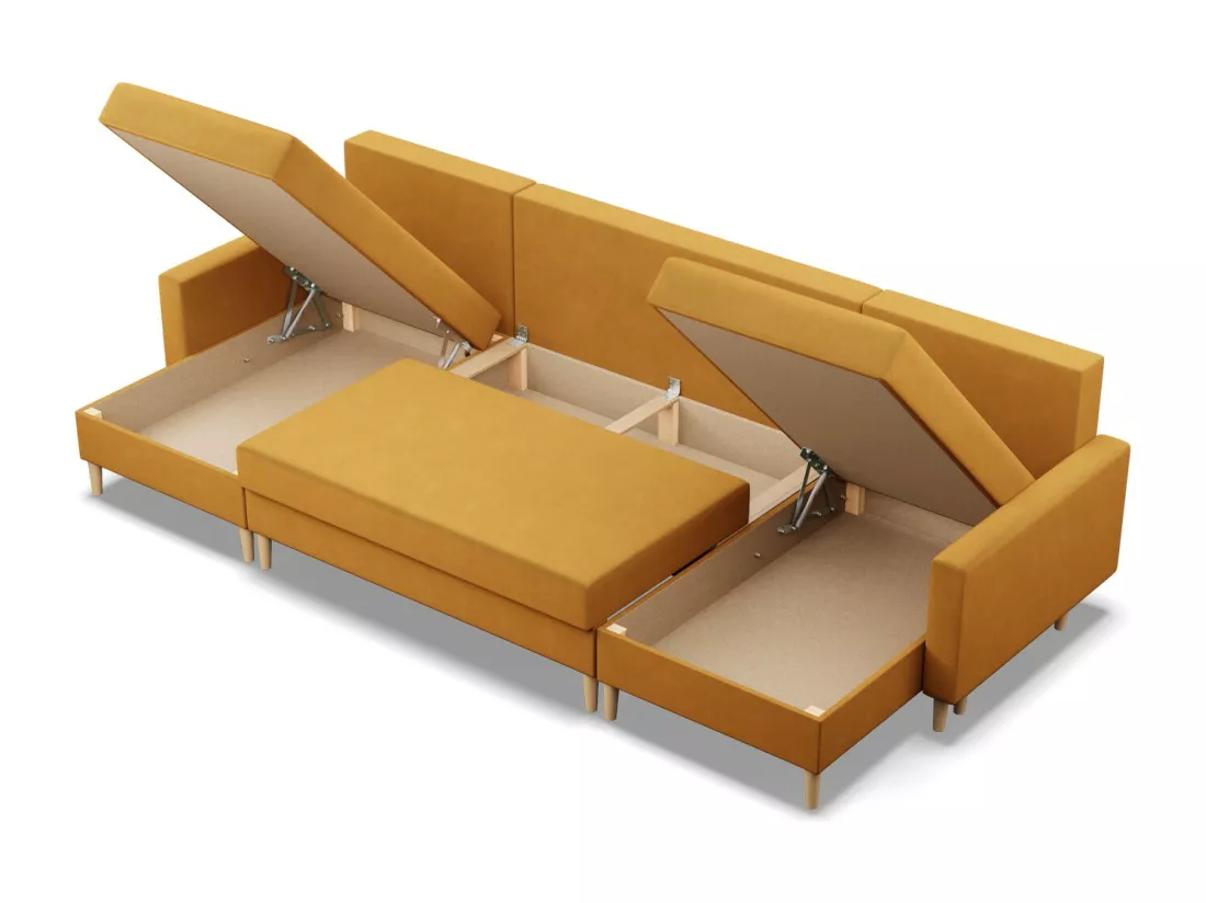 Canapé d'angle en U avec fonction sommeil, 3 coffres-lits, Coussin réversible, Jaune