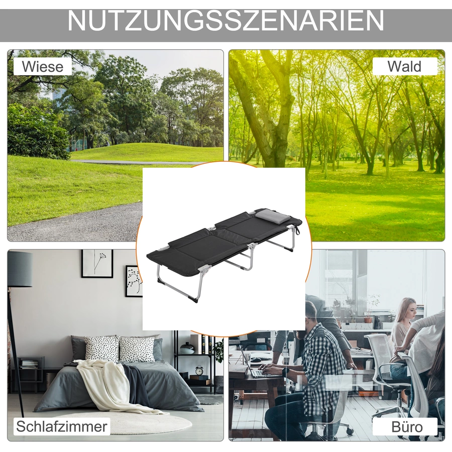 Outsunny Campingbett mit rutschfesten Füßen schwarz, silber