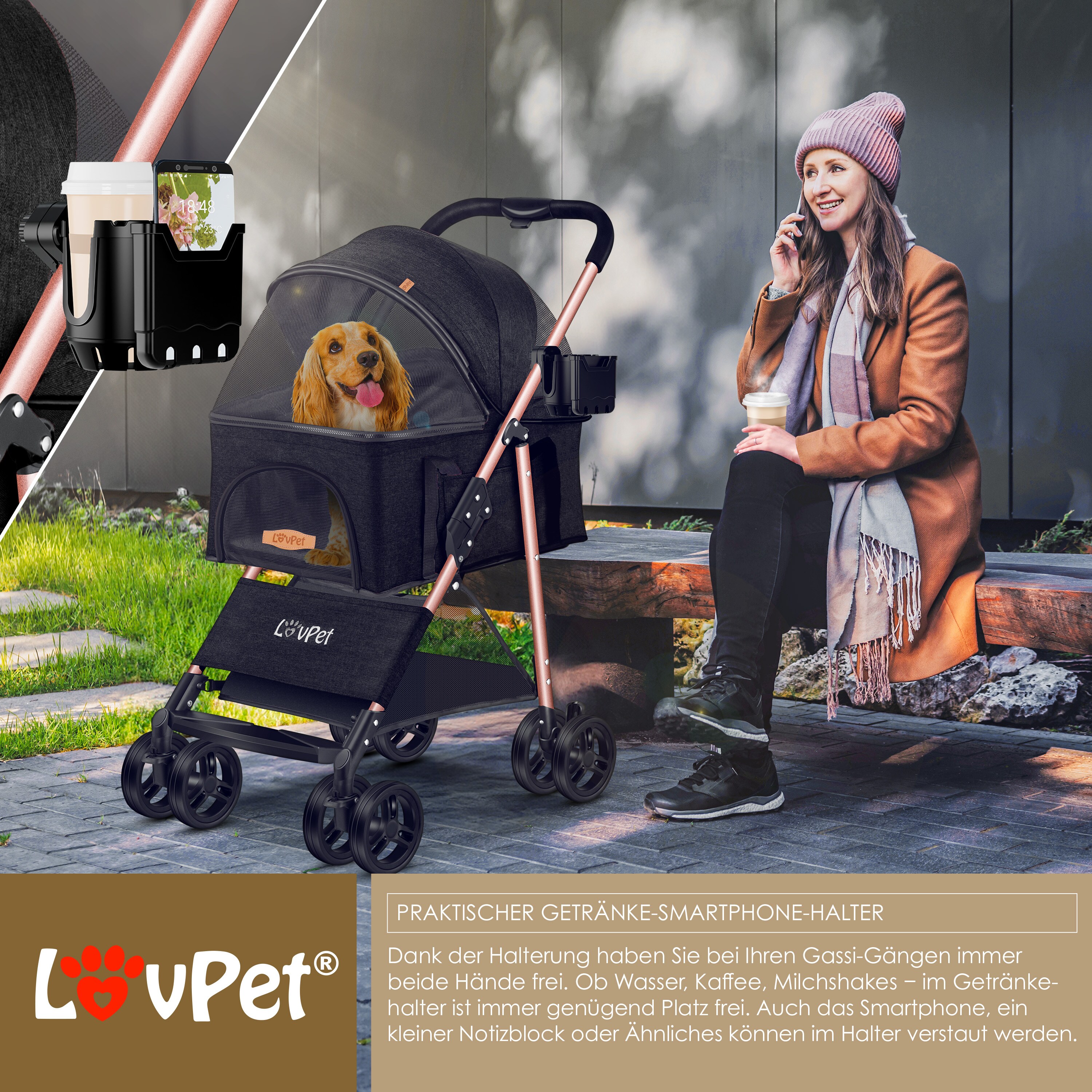 LOVPET® Hundewagen 2in1 Hundebuggy Hundebox Transporttasche Faltbar klappbar bis 20 kg Haustiere Buggy mit Netzfenstern & Regenschutzabdeckung Jogger Katzenbuggy für kleine Hunde Katzen